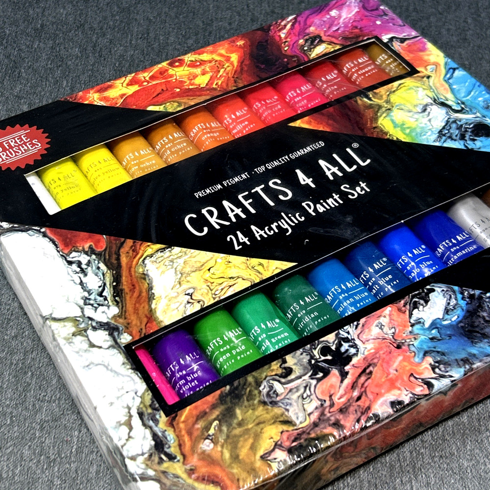 NEW Crafts 4 All 24 Acrylic Paint Set Premium Pigment Set With 3 Brushes Sealed